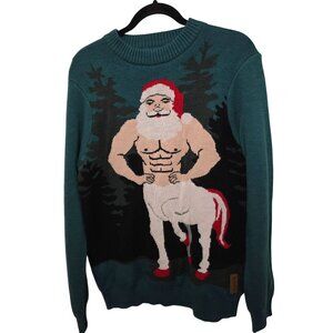 Tipsy Elves Mens Santa Centaur Ugly Christmas Sweater Teal Long Sleeve Size M